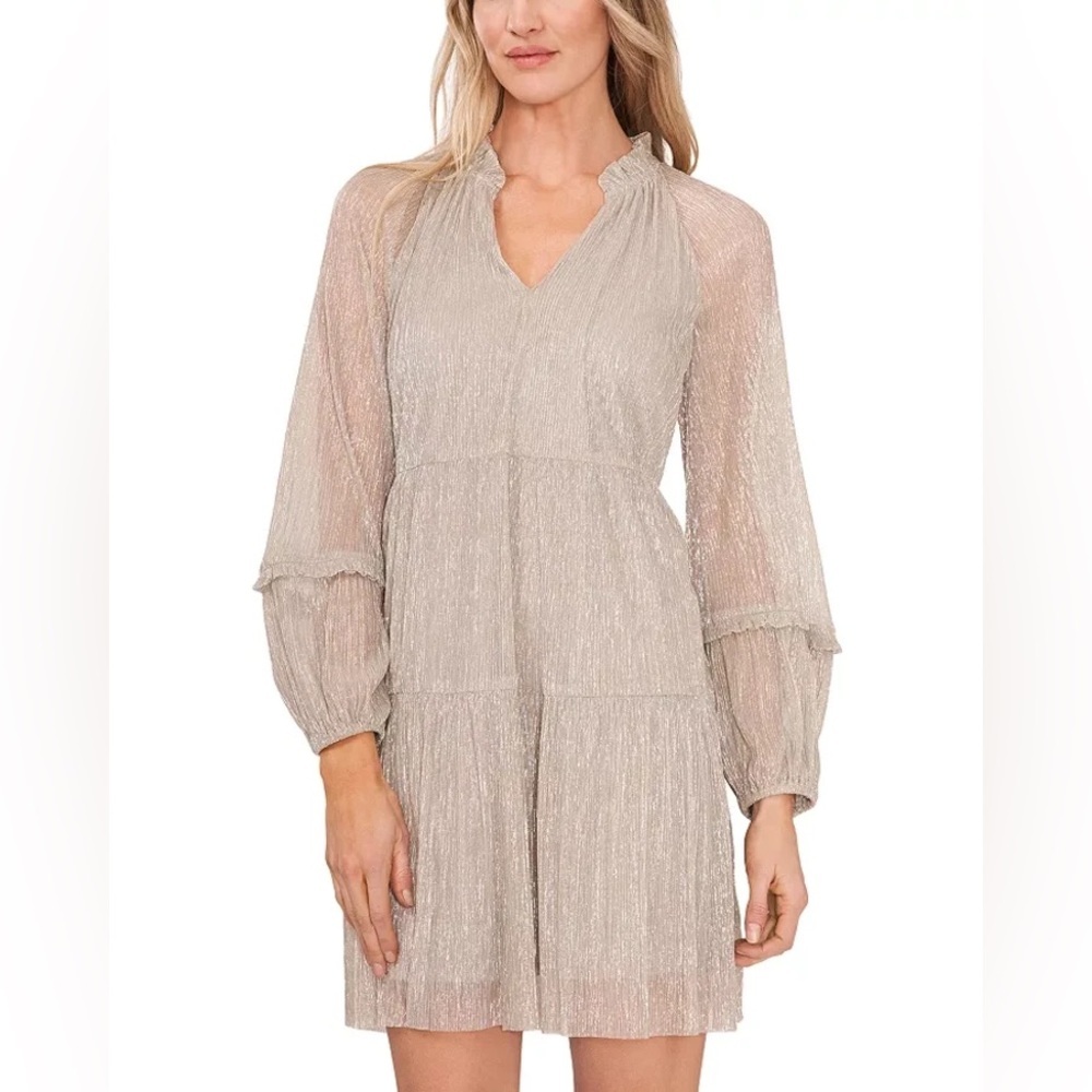 Women’s 1State Silver Metallic Lined Long Sleeve Tiered Midi Party Dress XS